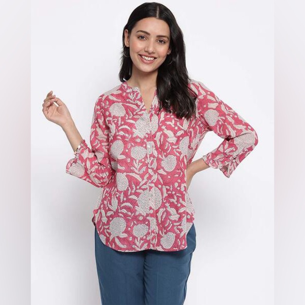 Fabindia Pink Floral Block Print Blouse